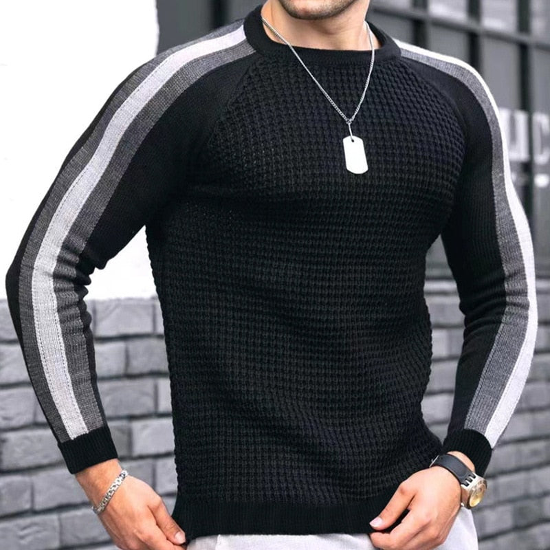 Spring Autumn Fashion Striped Patchwork Sweater Men Casual Long Sleeve Waffed Knitting Tops Mens Trend Slim Sweaters Streetwear