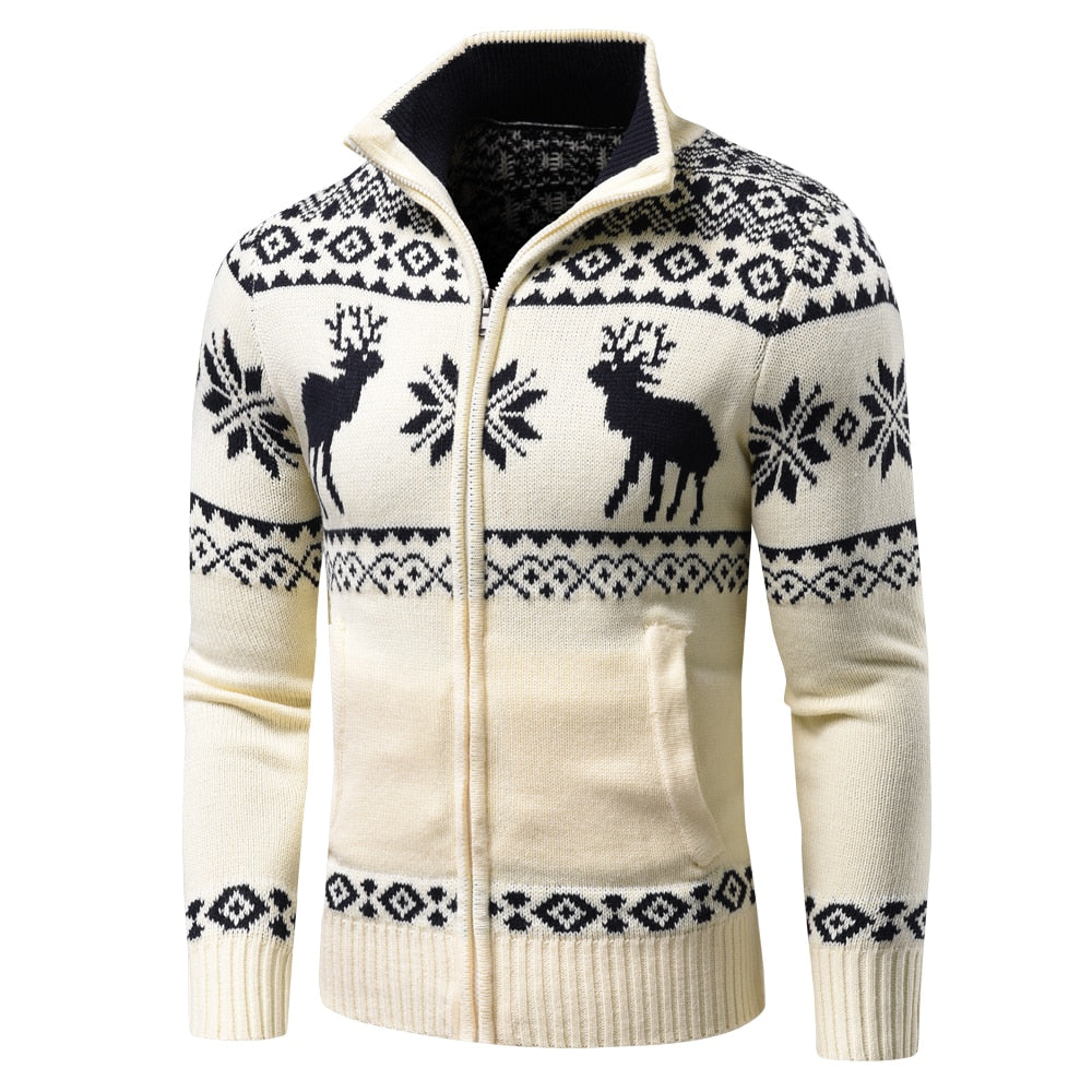 Men Autumn New Casual Jacquard Christmas Pattern Zip Sweater Cardigan Jacket Men Winter Long Sleeve Mock Neck Sweater Pullover