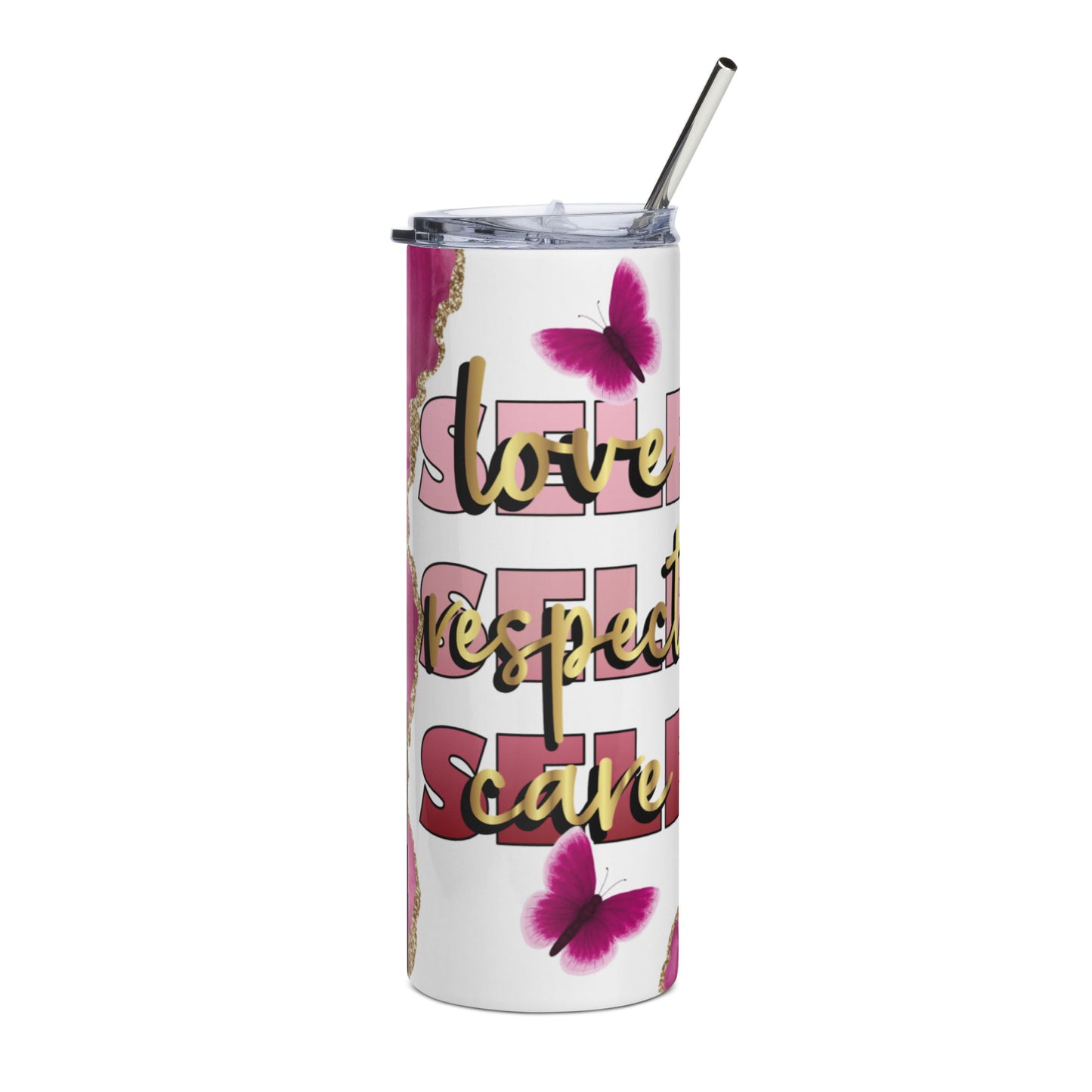 Stainless Steel Tumbler - Pink and Glitter Gold - SELF LOVE RESPECT CARE